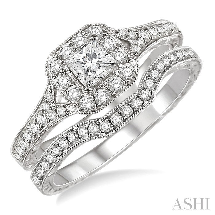 3/4 Ctw Diamond Wedding Set with 5/8 Ctw Princess Cut Engagement Ring and 1/6 Ctw Wedding Band in 14K White Gold