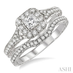 3/4 Ctw Diamond Wedding Set with 5/8 Ctw Princess Cut Engagement Ring and 1/6 Ctw Wedding Band in 14K White Gold