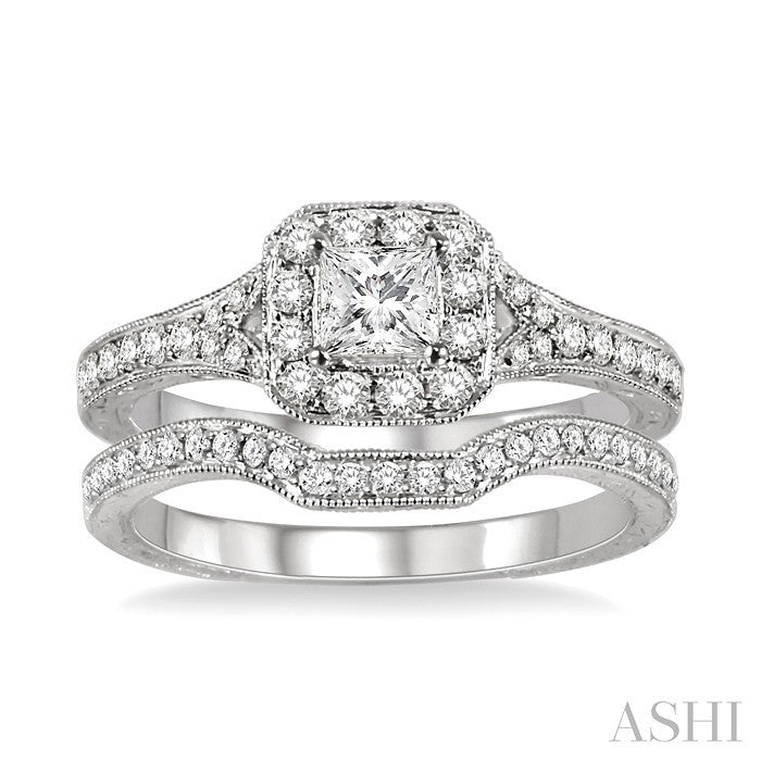 3/4 Ctw Diamond Wedding Set with 5/8 Ctw Princess Cut Engagement Ring and 1/6 Ctw Wedding Band in 14K White Gold