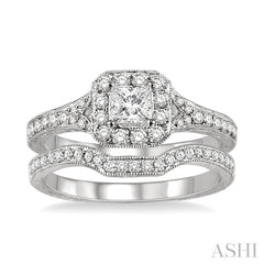 3/4 Ctw Diamond Wedding Set with 5/8 Ctw Princess Cut Engagement Ring and 1/6 Ctw Wedding Band in 14K White Gold