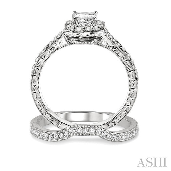 3/4 Ctw Diamond Wedding Set with 5/8 Ctw Princess Cut Engagement Ring and 1/6 Ctw Wedding Band in 14K White Gold