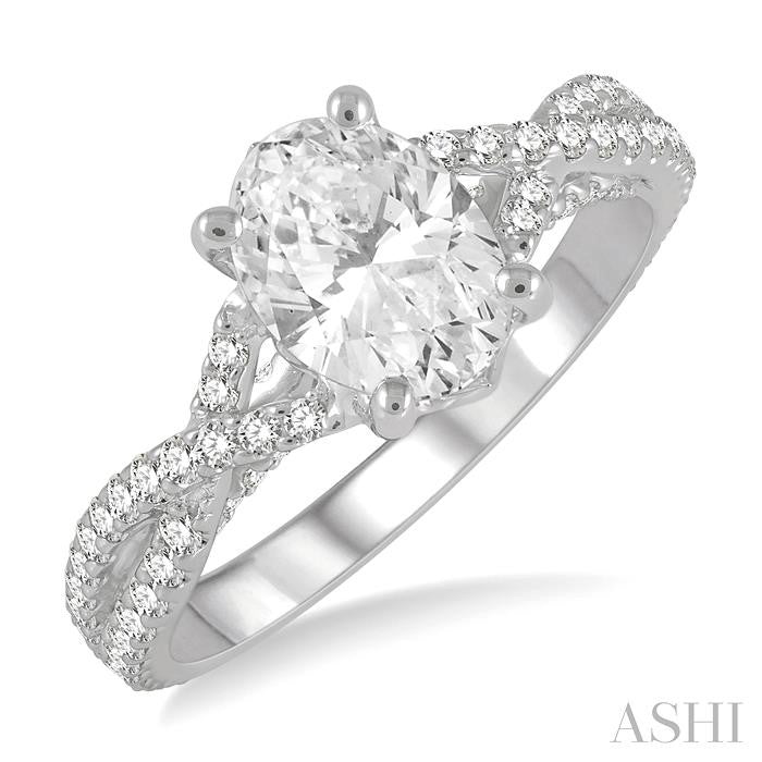 5/8 Ctw Oval Shape Split Criss Cross Shank Round Cut Diamond Semi-Mount Engagement Ring in 14K White Gold