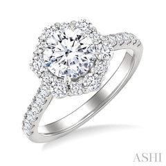 3/4 Ctw Scalloped Hexagon Centerpiece Circular Shape Round Cut Diamond Semi-Mount Engagement Ring in 14K White Gold