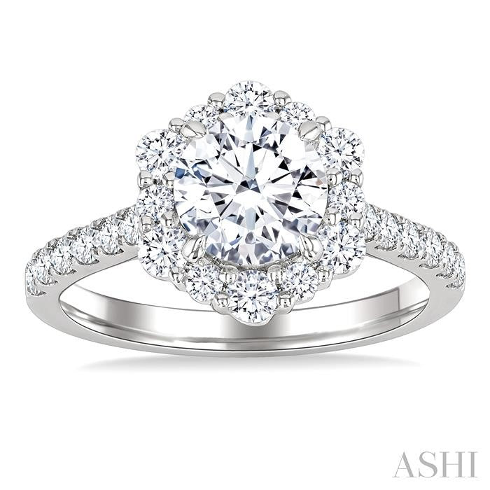 3/4 Ctw Scalloped Hexagon Centerpiece Circular Shape Round Cut Diamond Semi-Mount Engagement Ring in 14K White Gold