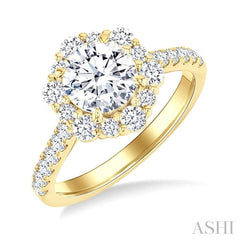 3/4 Ctw Scalloped Hexagon Centerpiece Circular Shape Round Cut Diamond Semi-Mount Engagement Ring in 14K Yellow Gold