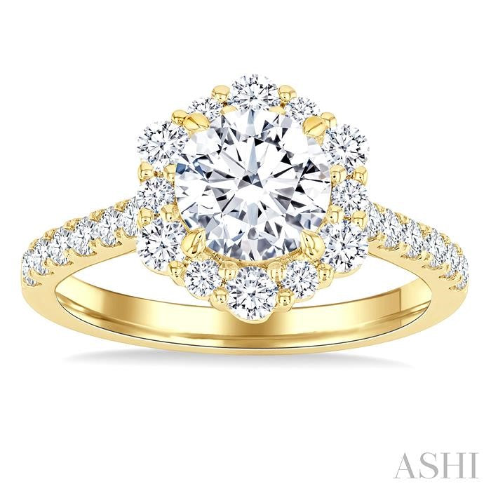 3/4 Ctw Scalloped Hexagon Centerpiece Circular Shape Round Cut Diamond Semi-Mount Engagement Ring in 14K Yellow Gold