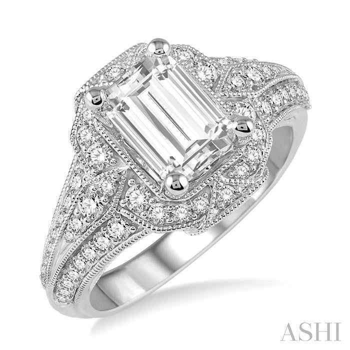 5/8 Ctw Round Diamond Octagon Halo Semi-Mount Engagement Ring with Vintage Detailing in 14K White Gold