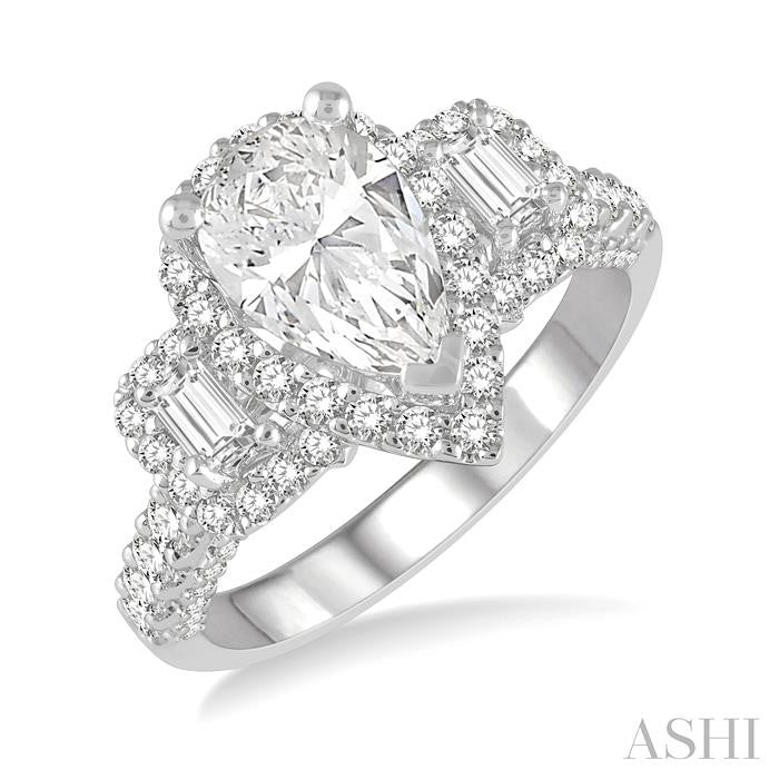 7/8 Ctw Pear Shape Tri-Mount Baguette and Round Cut Diamond Semi-Mount Engagement Ring in 14K White Gold