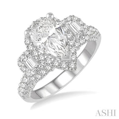 7/8 Ctw Pear Shape Tri-Mount Baguette and Round Cut Diamond Semi-Mount Engagement Ring in 14K White Gold