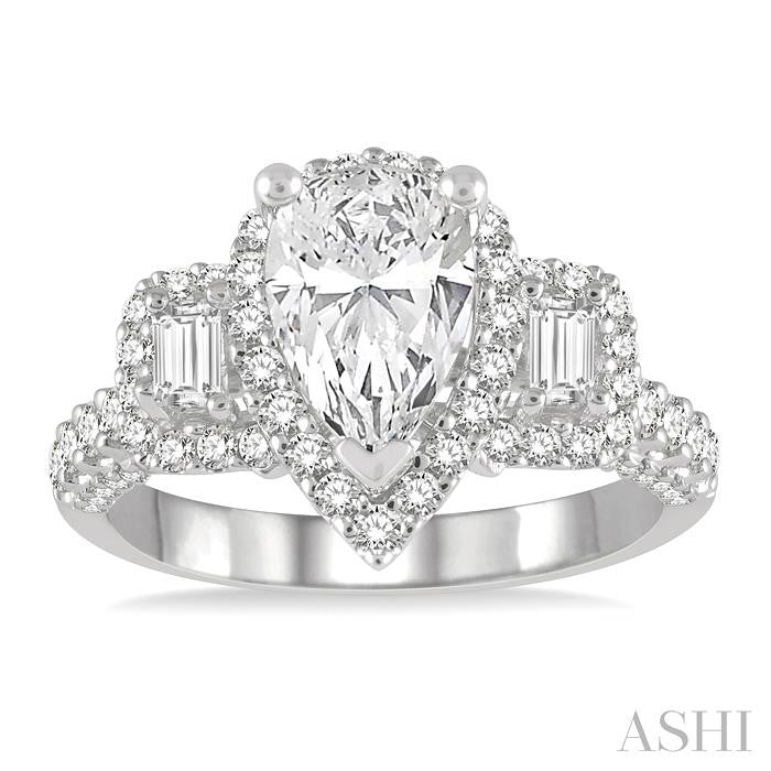 7/8 Ctw Pear Shape Tri-Mount Baguette and Round Cut Diamond Semi-Mount Engagement Ring in 14K White Gold
