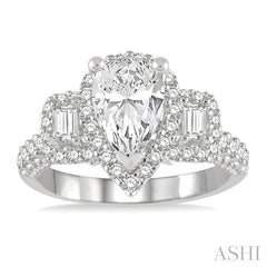 7/8 Ctw Pear Shape Tri-Mount Baguette and Round Cut Diamond Semi-Mount Engagement Ring in 14K White Gold