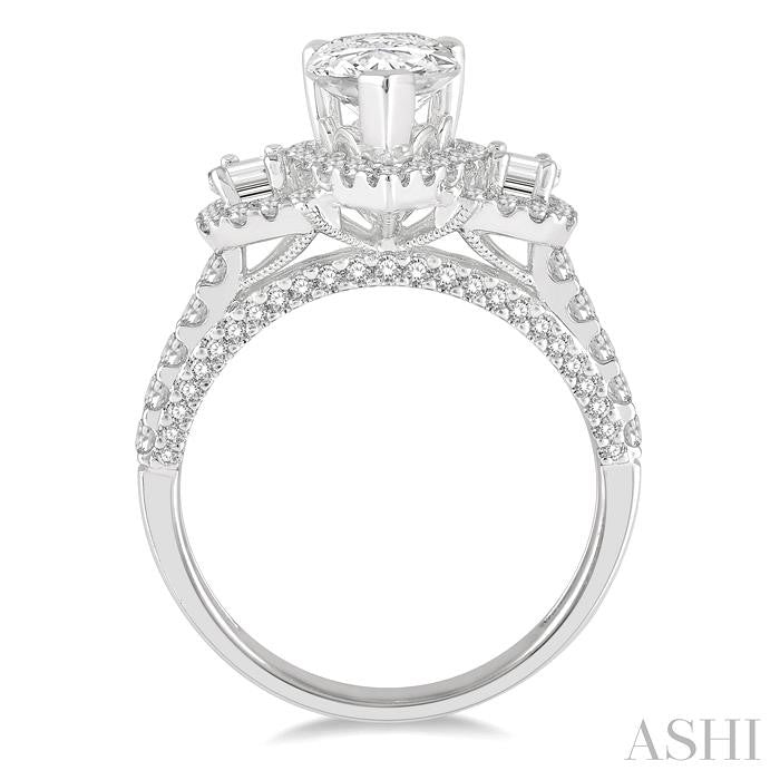 7/8 Ctw Pear Shape Tri-Mount Baguette and Round Cut Diamond Semi-Mount Engagement Ring in 14K White Gold