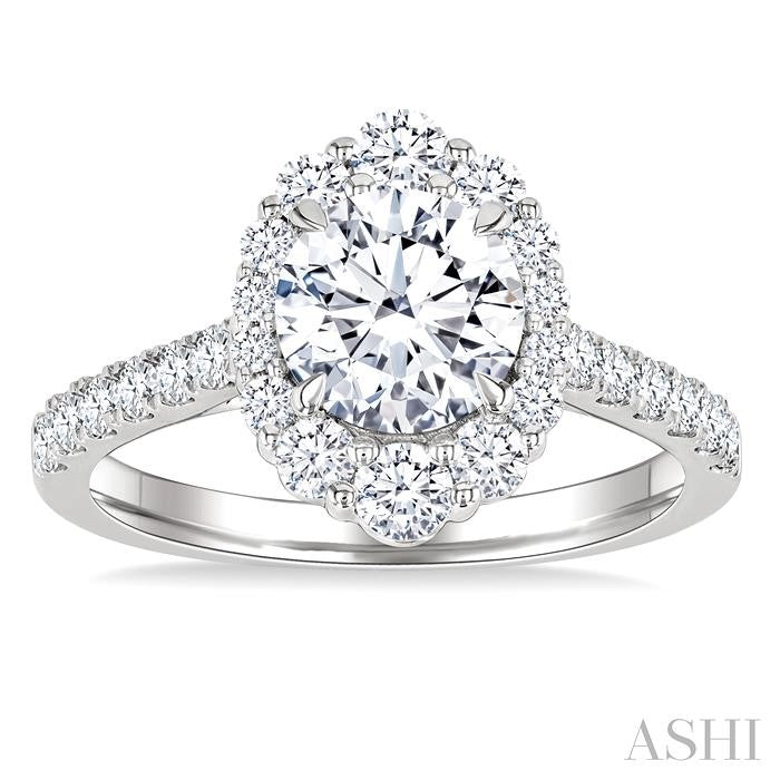 3/4 Ctw Scalloped Oval Centerpiece Circular Shape Round Cut Diamond Semi-Mount Engagement Ring in 14K White Gold