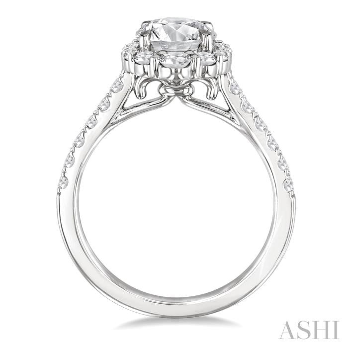 3/4 Ctw Scalloped Oval Centerpiece Circular Shape Round Cut Diamond Semi-Mount Engagement Ring in 14K White Gold