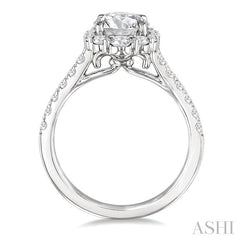 3/4 Ctw Scalloped Oval Centerpiece Circular Shape Round Cut Diamond Semi-Mount Engagement Ring in 14K White Gold