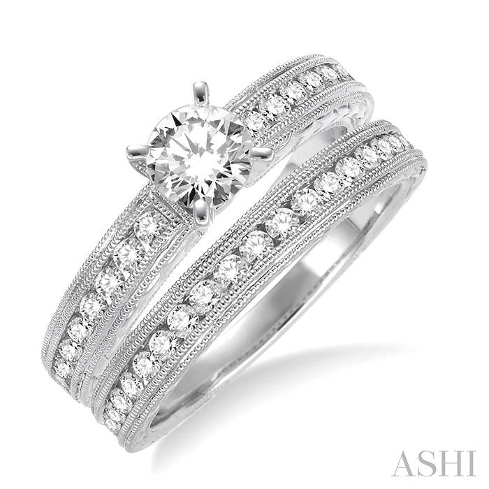 1 1/4 Ctw Diamond Wedding Set with 7/8 Ctw Round Cut Engagement Ring and 1/3 Ctw Wedding Band in 14K White Gold
