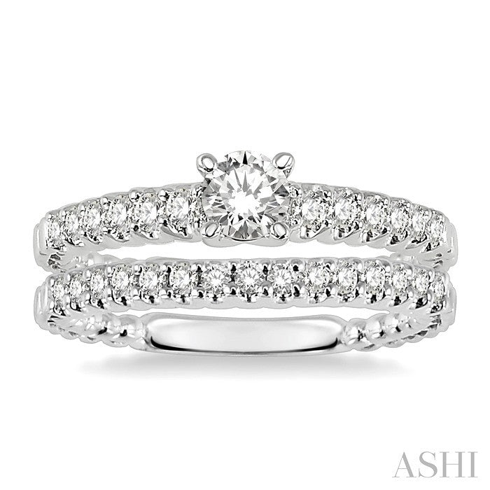 3/4 Ctw Diamond Wedding Set with 1/2 Ctw Round Cut Engagement Ring and 1/4 Ctw Wedding Band in 14K White Gold