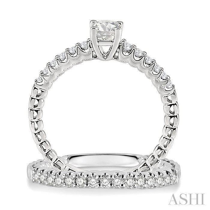 3/4 Ctw Diamond Wedding Set with 1/2 Ctw Round Cut Engagement Ring and 1/4 Ctw Wedding Band in 14K White Gold