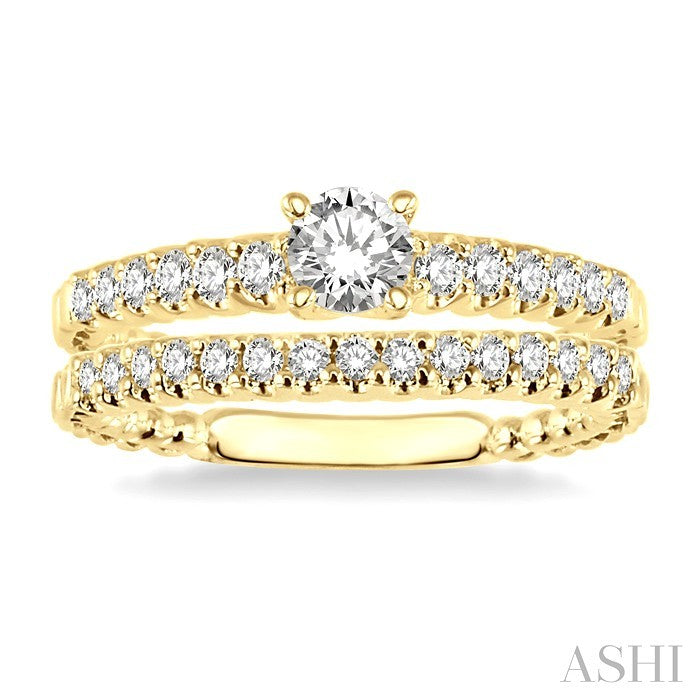 3/4 Ctw Diamond Wedding Set with 1/2 Ctw Round Cut Engagement Ring and 1/4 Ctw Wedding Band in 14K Yellow Gold
