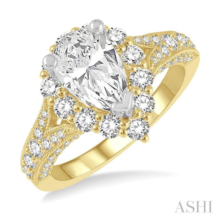 1 1/10 Ctw Split Shank Pear Shape Semi-Mount Round Cut Diamond Ring in 14K Yellow and White Gold