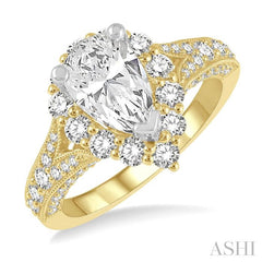 1 1/10 Ctw Split Shank Pear Shape Semi-Mount Round Cut Diamond Ring in 14K Yellow and White Gold