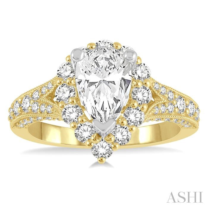 1 1/10 Ctw Split Shank Pear Shape Semi-Mount Round Cut Diamond Ring in 14K Yellow and White Gold
