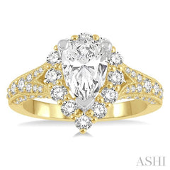 1 1/10 Ctw Split Shank Pear Shape Semi-Mount Round Cut Diamond Ring in 14K Yellow and White Gold