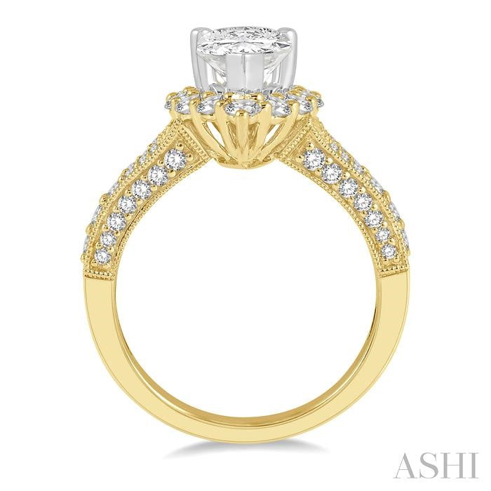 1 1/10 Ctw Split Shank Pear Shape Semi-Mount Round Cut Diamond Ring in 14K Yellow and White Gold