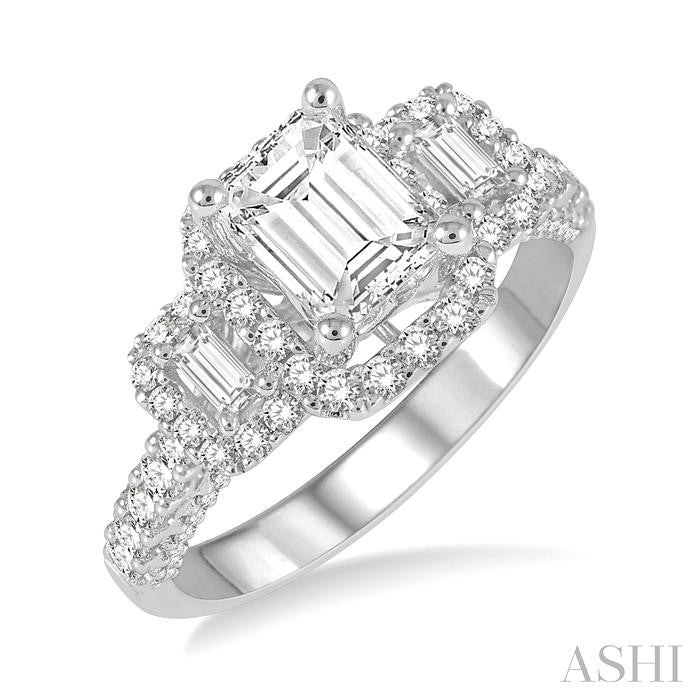 7/8 Ctw Octagonal Shape Tri-Mount Baguette and Round Cut Diamond Semi-Mount Engagement Ring in 14K White Gold