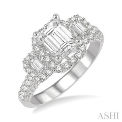 7/8 Ctw Octagonal Shape Tri-Mount Baguette and Round Cut Diamond Semi-Mount Engagement Ring in 14K White Gold