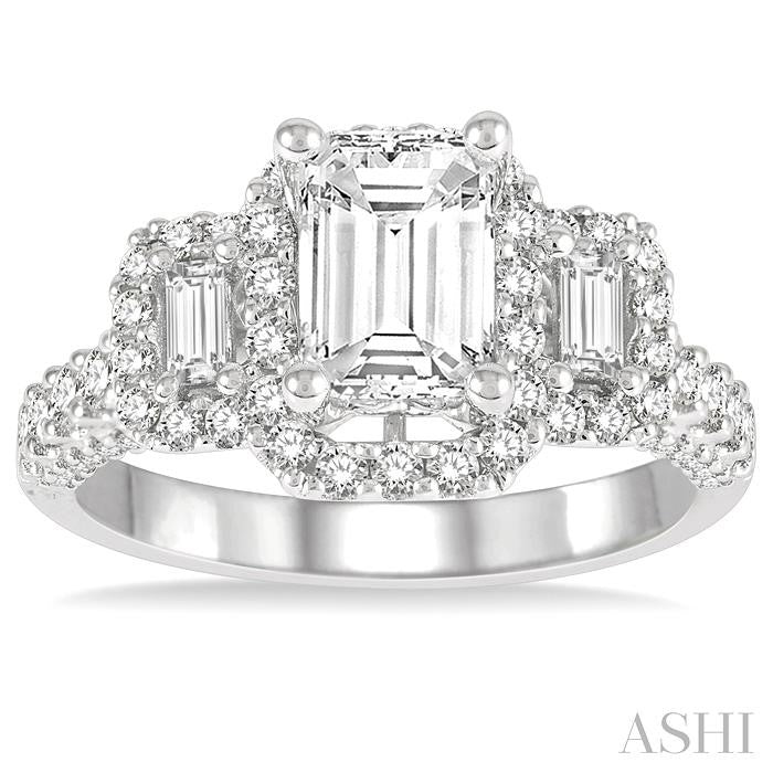 7/8 Ctw Octagonal Shape Tri-Mount Baguette and Round Cut Diamond Semi-Mount Engagement Ring in 14K White Gold