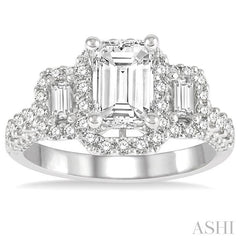 7/8 Ctw Octagonal Shape Tri-Mount Baguette and Round Cut Diamond Semi-Mount Engagement Ring in 14K White Gold
