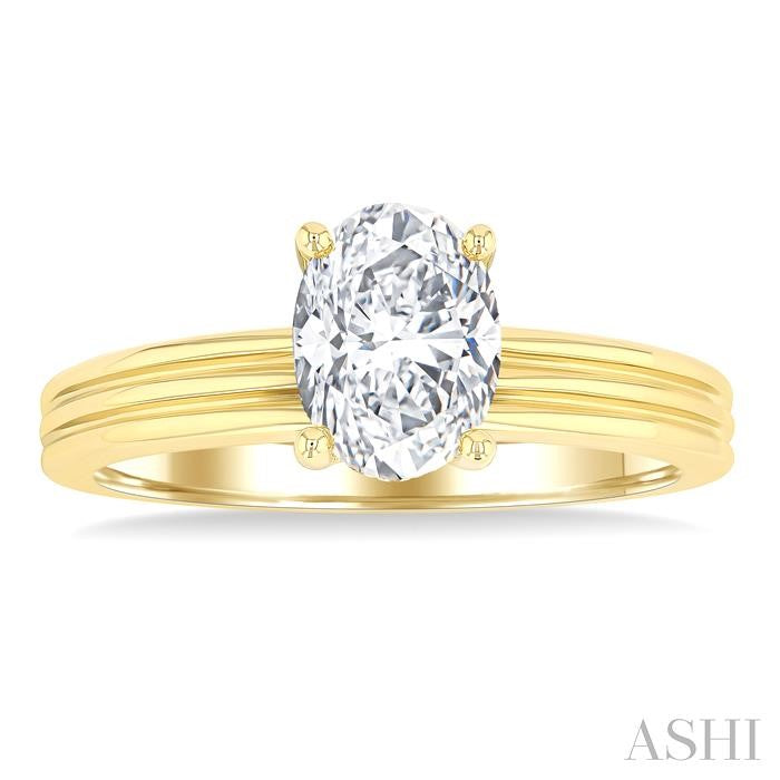 1/20 Ctw Oval Shape Grooved Shank Round Cut Diamond Semi-Mount Engagement Ring in 14K Yellow Gold