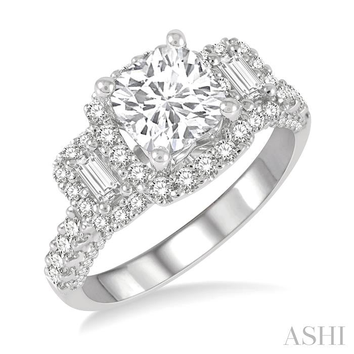 7/8 Ctw Cushion Shape Tri-Mount Baguette and Round Cut Diamond Semi-Mount Engagement Ring in 14K White Gold