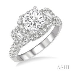 7/8 Ctw Cushion Shape Tri-Mount Baguette and Round Cut Diamond Semi-Mount Engagement Ring in 14K White Gold