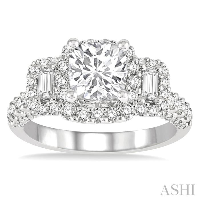 7/8 Ctw Cushion Shape Tri-Mount Baguette and Round Cut Diamond Semi-Mount Engagement Ring in 14K White Gold