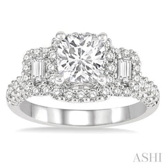 7/8 Ctw Cushion Shape Tri-Mount Baguette and Round Cut Diamond Semi-Mount Engagement Ring in 14K White Gold