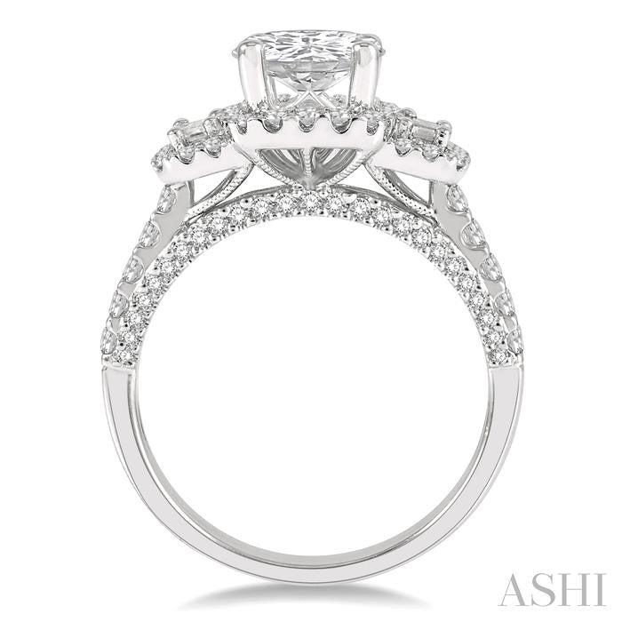 7/8 Ctw Cushion Shape Tri-Mount Baguette and Round Cut Diamond Semi-Mount Engagement Ring in 14K White Gold