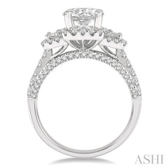 7/8 Ctw Cushion Shape Tri-Mount Baguette and Round Cut Diamond Semi-Mount Engagement Ring in 14K White Gold