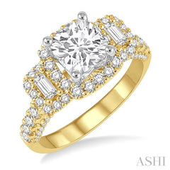 7/8 Ctw Cushion Shape Tri-Mount Baguette and Round Cut Diamond Semi-Mount Engagement Ring in 14K Yellow and White Gold