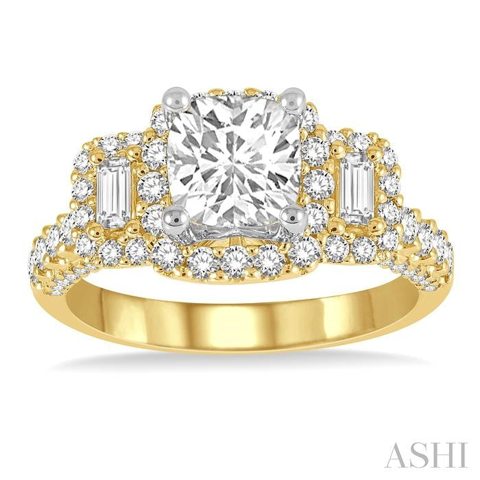 7/8 Ctw Cushion Shape Tri-Mount Baguette and Round Cut Diamond Semi-Mount Engagement Ring in 14K Yellow and White Gold