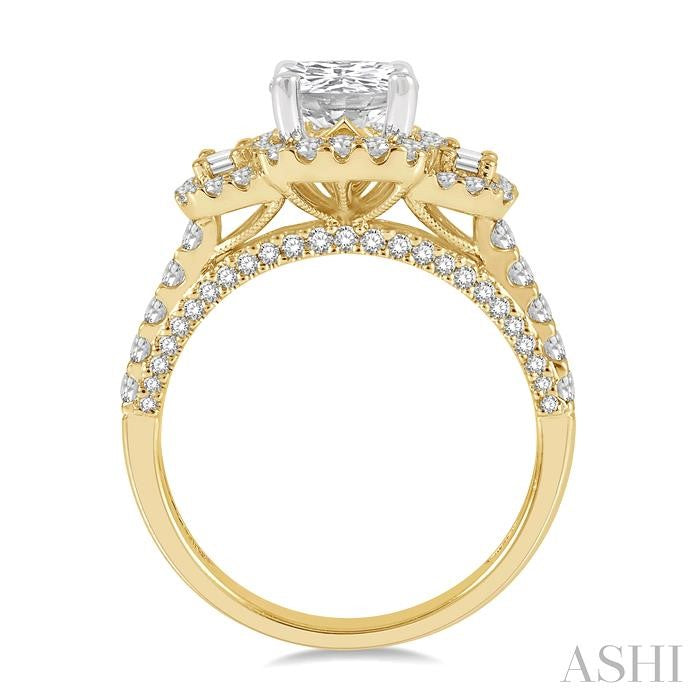 7/8 Ctw Cushion Shape Tri-Mount Baguette and Round Cut Diamond Semi-Mount Engagement Ring in 14K Yellow and White Gold