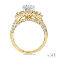 7/8 Ctw Cushion Shape Tri-Mount Baguette and Round Cut Diamond Semi-Mount Engagement Ring in 14K Yellow and White Gold