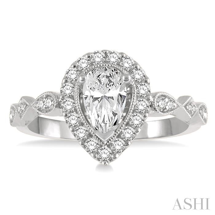 3/4 Ctw Carved Shank Round Cut Diamond Engagement Ring With 3/8 Ct Pear Cut Center Stone in 14K White Gold