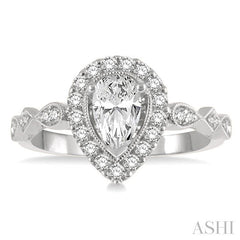 3/4 Ctw Carved Shank Round Cut Diamond Engagement Ring With 3/8 Ct Pear Cut Center Stone in 14K White Gold