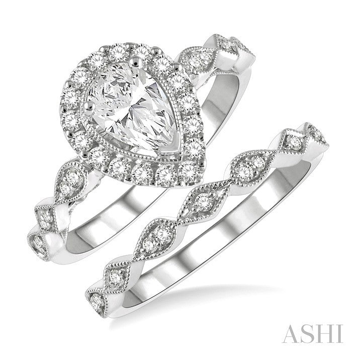 7/8 Ctw Lattice Diamond Wedding Set With 3/4 Ctw Pear Cut Engagement Ring and 1/10 Ctw Wedding Band in 14K White Gold
