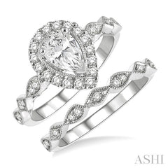 7/8 Ctw Lattice Diamond Wedding Set With 3/4 Ctw Pear Cut Engagement Ring and 1/10 Ctw Wedding Band in 14K White Gold