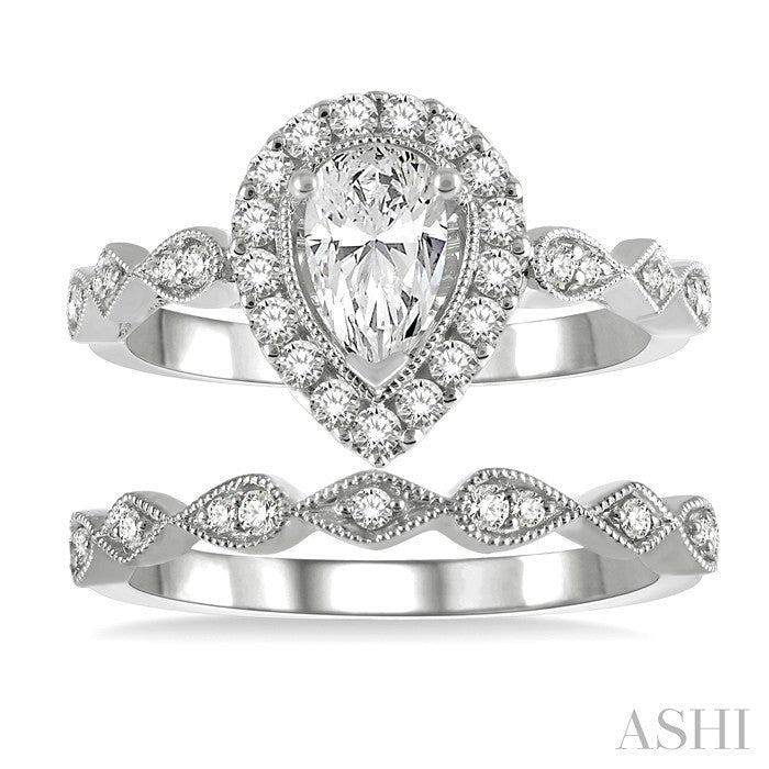 7/8 Ctw Lattice Diamond Wedding Set With 3/4 Ctw Pear Cut Engagement Ring and 1/10 Ctw Wedding Band in 14K White Gold