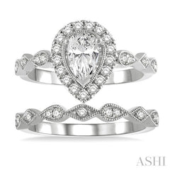 7/8 Ctw Lattice Diamond Wedding Set With 3/4 Ctw Pear Cut Engagement Ring and 1/10 Ctw Wedding Band in 14K White Gold