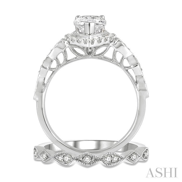7/8 Ctw Lattice Diamond Wedding Set With 3/4 Ctw Pear Cut Engagement Ring and 1/10 Ctw Wedding Band in 14K White Gold
